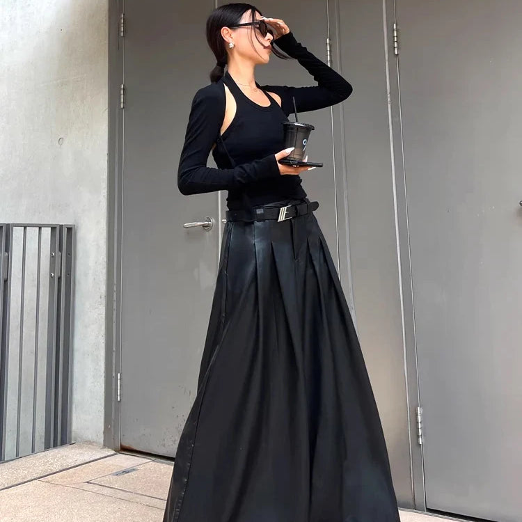 Spring Autumn Luxury Long Pleated Black Soft Pu Leather Maxi Skirt Women High Elastic Waist Korean Style Clothes 2023