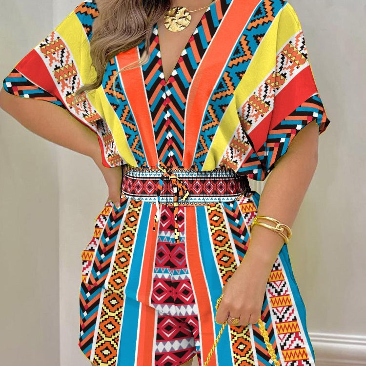 Summer Women Print Jumpsuit Fashion Casual Playsuit V-neck Elegant Romper New Holiday Short Sleeve Outfits Streetwear Jumpsuit Fluorescein