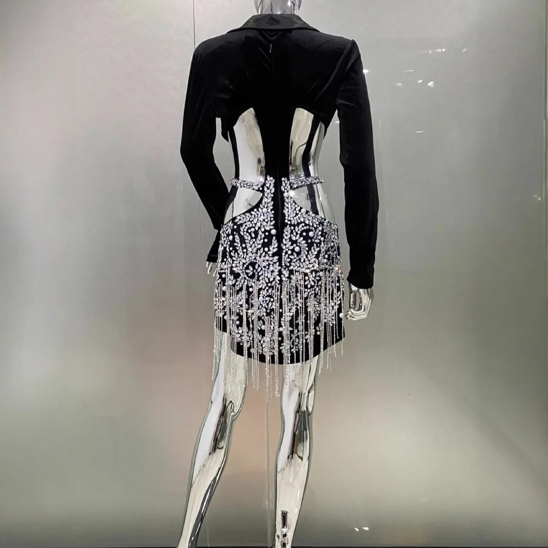 New Arrive Women Cross-Border Foreign Trade Luxury Rhinestone Fringe Sexy Hollow Suit Dress Fashion Hot Girl Party Dress
