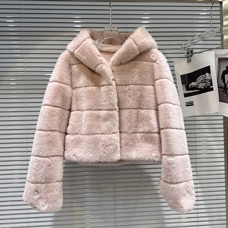 Winter New Fashion Warm Soft Hooded Faux Fur Short Coat For Women Solid Color High-end Jacket Female 11A07924 Pink One Size