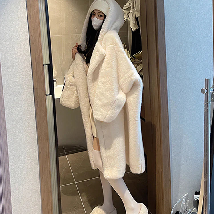 Winter Long Oversized White Thick Warm Teddy Bear Coat Women with Hood Loose Casual Korean Fashion 2023 White