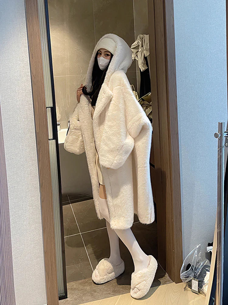 Winter Long Oversized White Thick Warm Teddy Bear Coat Women with Hood Loose Casual Korean Fashion 2023 White