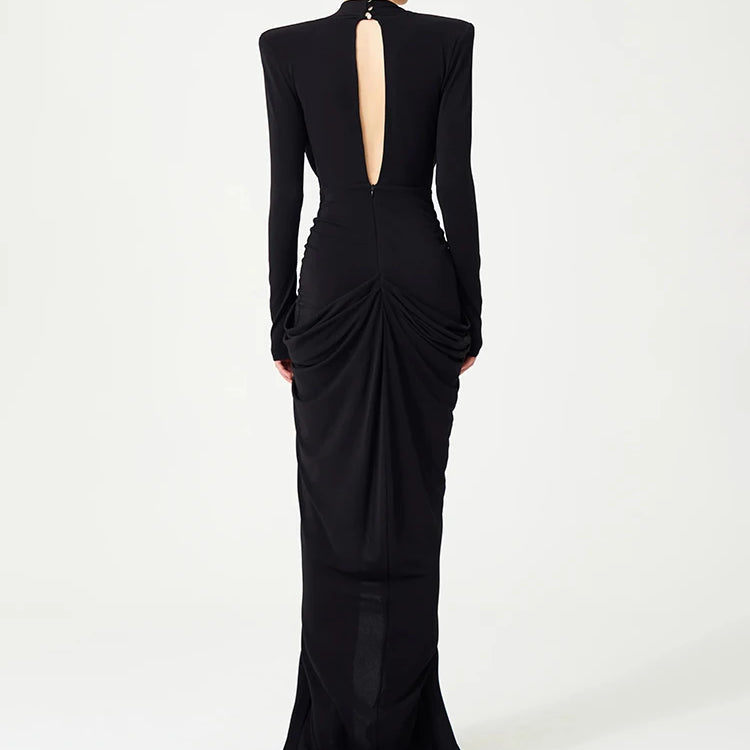 Black Deep V Plunge Long Dress Bead Sequins Butterfly Details Long Sleeves Slim High Slit Pleated Bodycon Party Evening Gowns