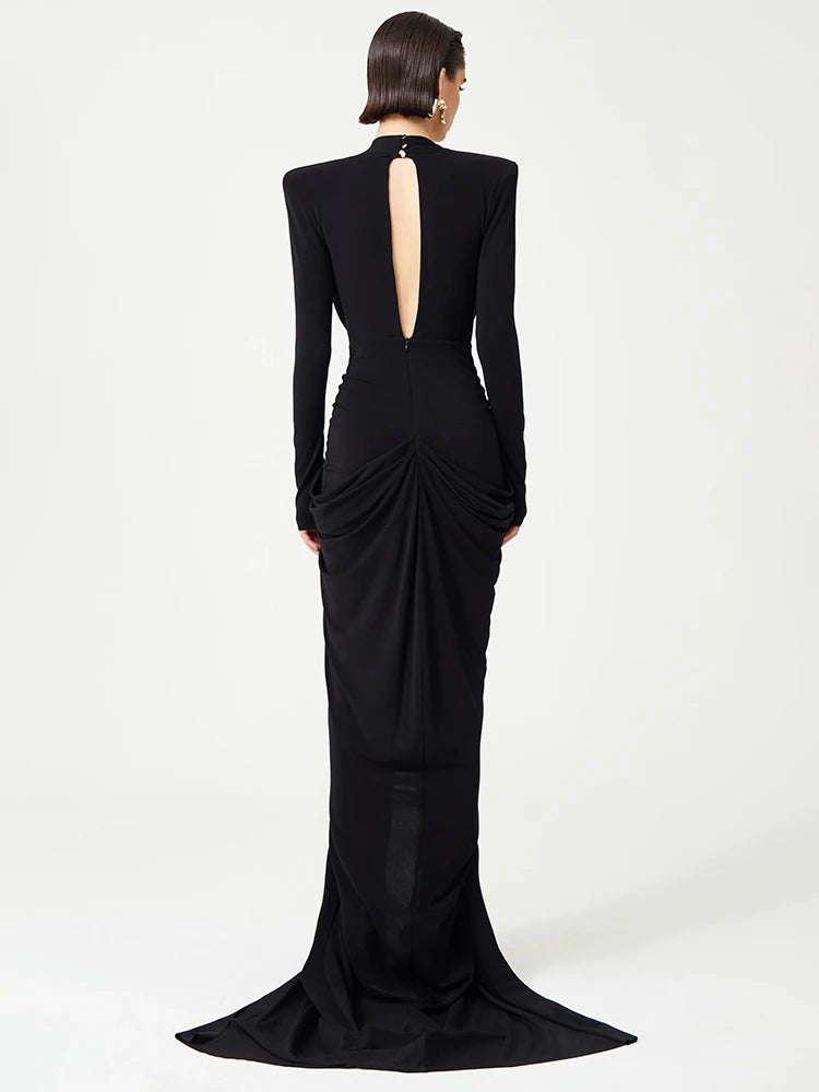 Black Deep V Plunge Long Dress Bead Sequins Butterfly Details Long Sleeves Slim High Slit Pleated Bodycon Party Evening Gowns