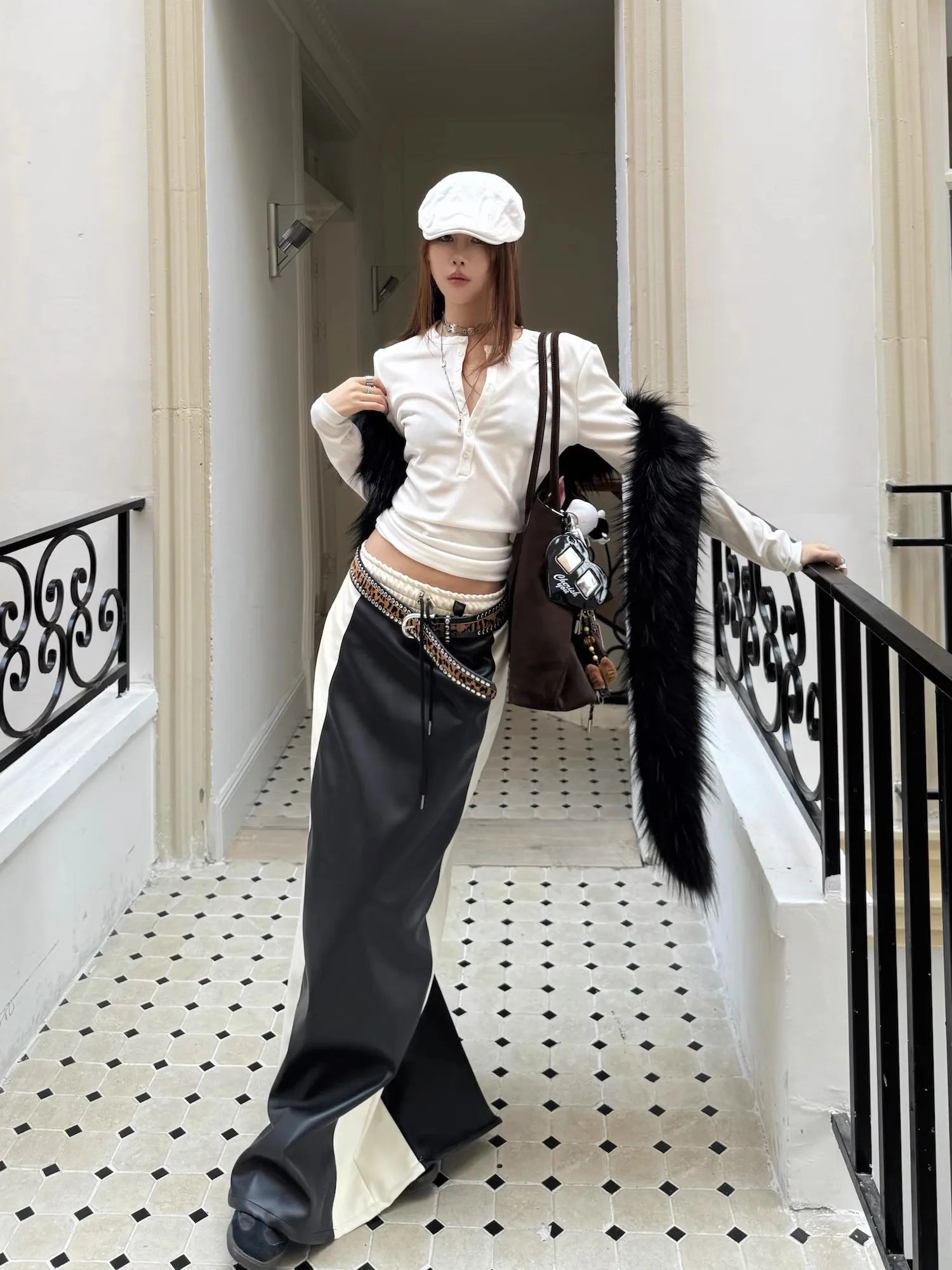 Lautaro Spring White and Black Patchwork Pu Leather Floor Length Straight Skirt Women with Back Slit Drawstring Elastic Waist