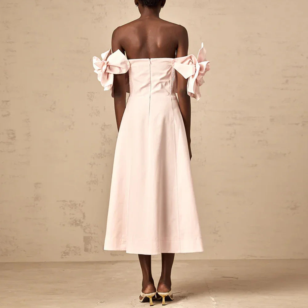 Solid Slimming Elegant Dresses for Women Strapless Off Shoulder Patchwork 3D Flowers Fashion Dress Female Clothing