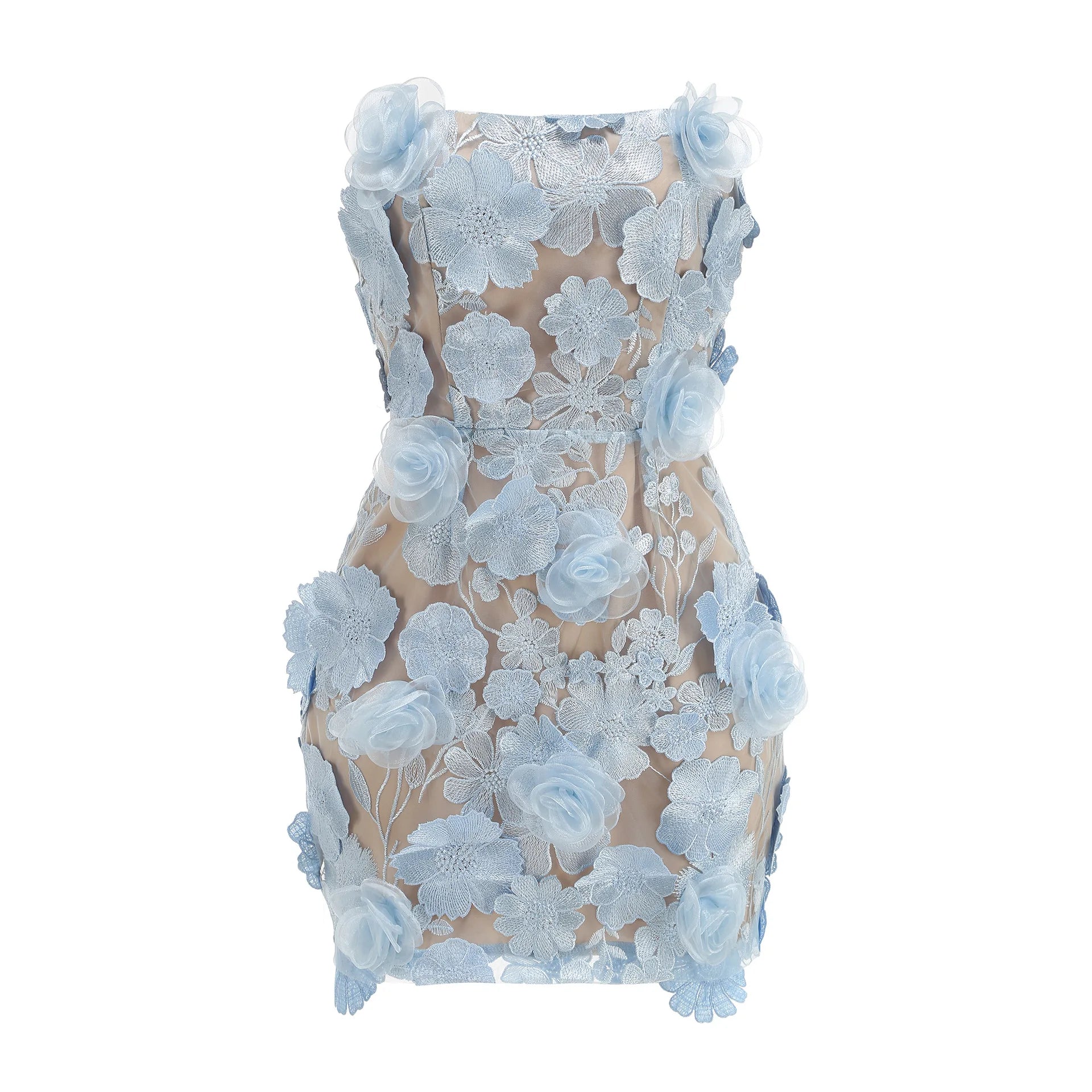 Black Skyblue Women Sexy Strapless Embroidery Bodycon Mini Dress Cute Birthday Party Girls' Vacation Outfit Wholesale SKY BLUE