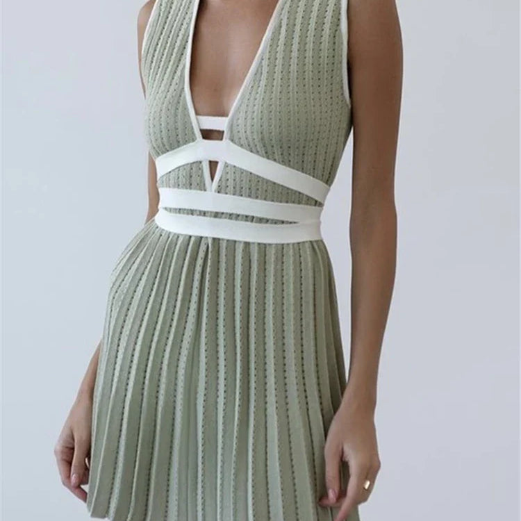 REALEFT Summer Deep V-Neck Knitted Women's Dresses High Waist Lace Up Casual Sleeveless Solid Sexy Mini Dresses Female Ladies light green One Size