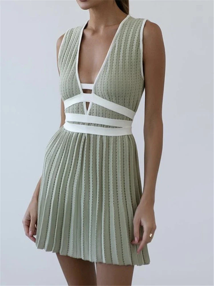 REALEFT Summer Deep V-Neck Knitted Women's Dresses High Waist Lace Up Casual Sleeveless Solid Sexy Mini Dresses Female Ladies light green One Size