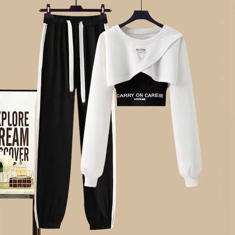 Women's Tracksuit Suit 2024 Spring Autumn New in Matching Sets Korean Fashion Short Sweater+Sport Sling+Trousers Three Piece Set White Three-piece