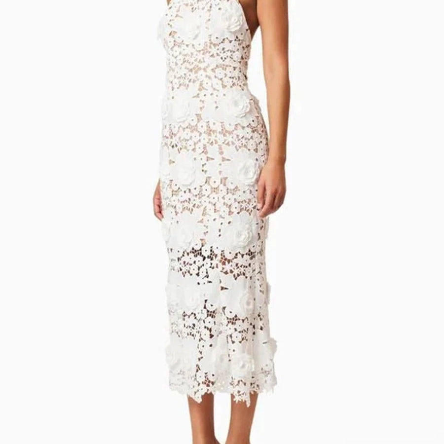 Solid Slimming Hollow Out Dresses for Women Halter Neck Sleeveless Patchwork Appliques Elegant Dress Female Fashion