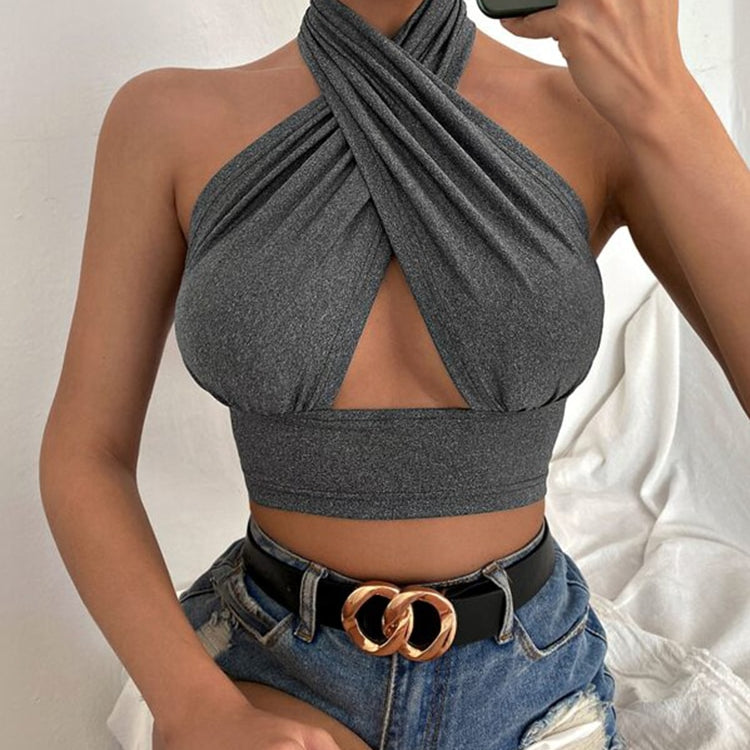 Women Summer Tank Tops Sexy Solid Color Cross Halter Neck Push Up Hollow Crop Tops High Street Wear 2024 New Fashion Gray