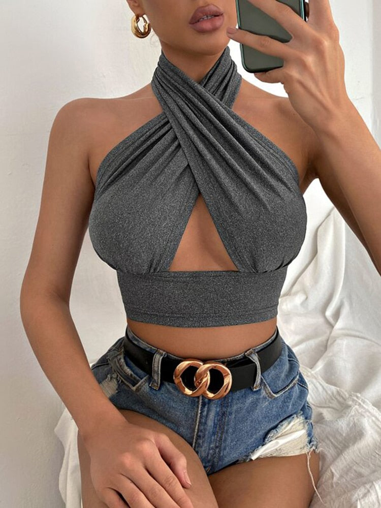 Women Summer Tank Tops Sexy Solid Color Cross Halter Neck Push Up Hollow Crop Tops High Street Wear 2024 New Fashion Gray