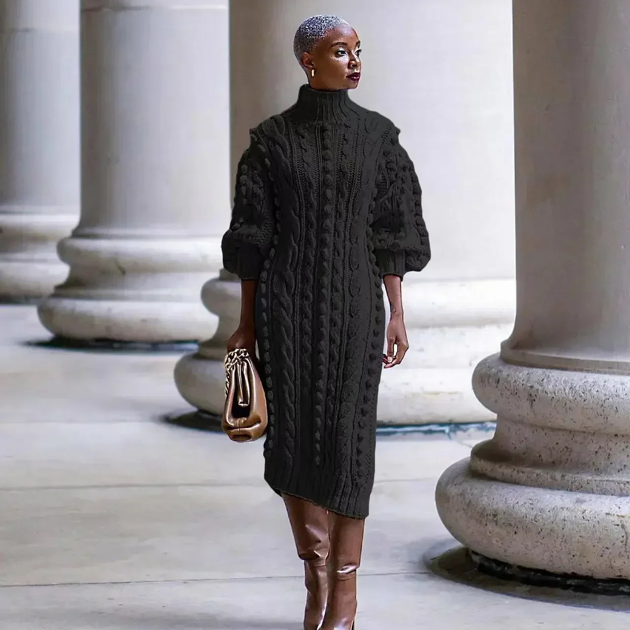 New Autumn Women Long Sleeve Turtleneck Knitted Dress Sexy High Split Sweater Dress Casual Warm Winter Thicken Dress Female