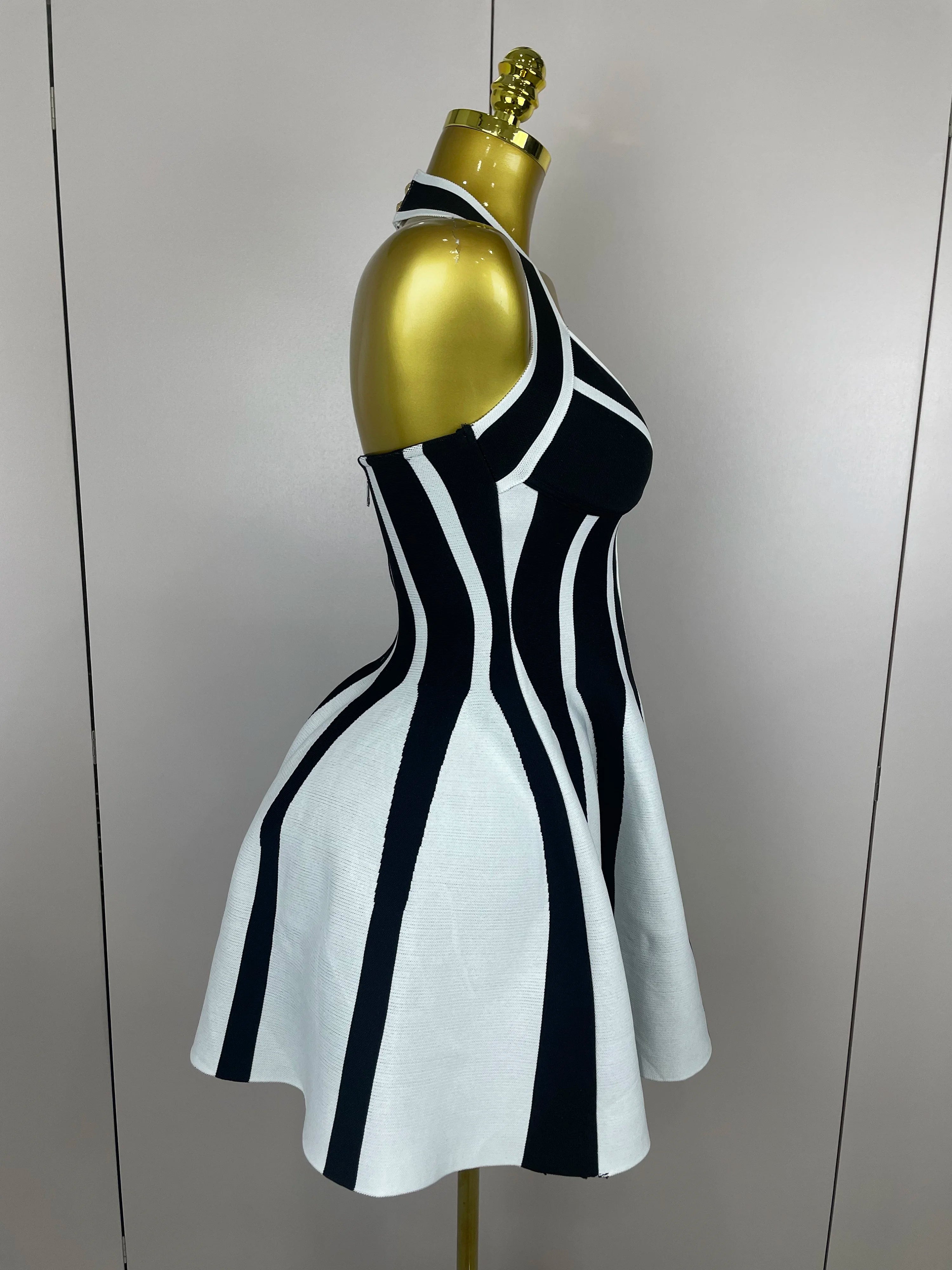 Sexy Backless Black White Stripes Halter Bandage A Line Short Dress 2025Women Celebrity Elegant Evening Party Holiday Club Dress