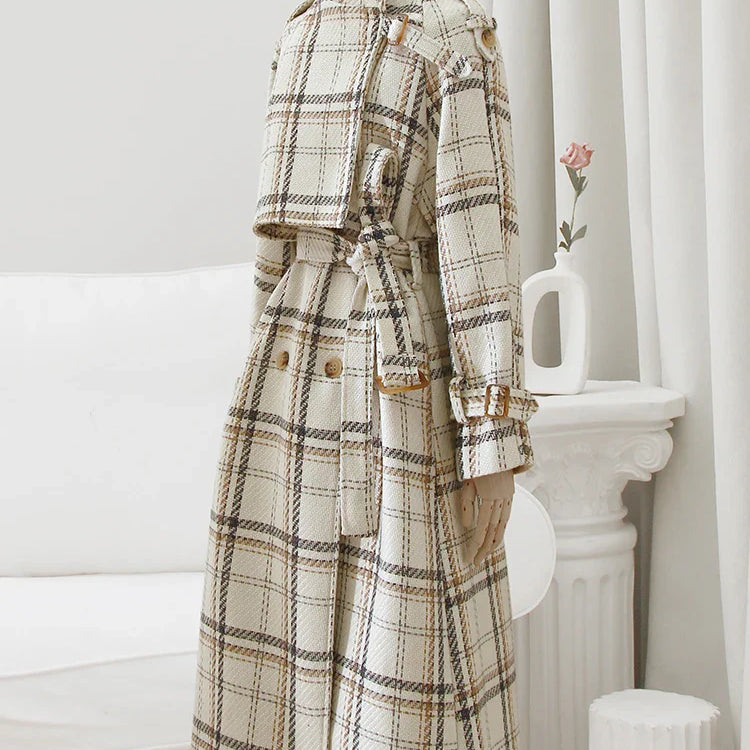 Autumn Winter Long Loose Warm Plaid Wool Blends Trench Coat for Women Raglan Sleeve Belt Double Breasted Woolen Overcoat