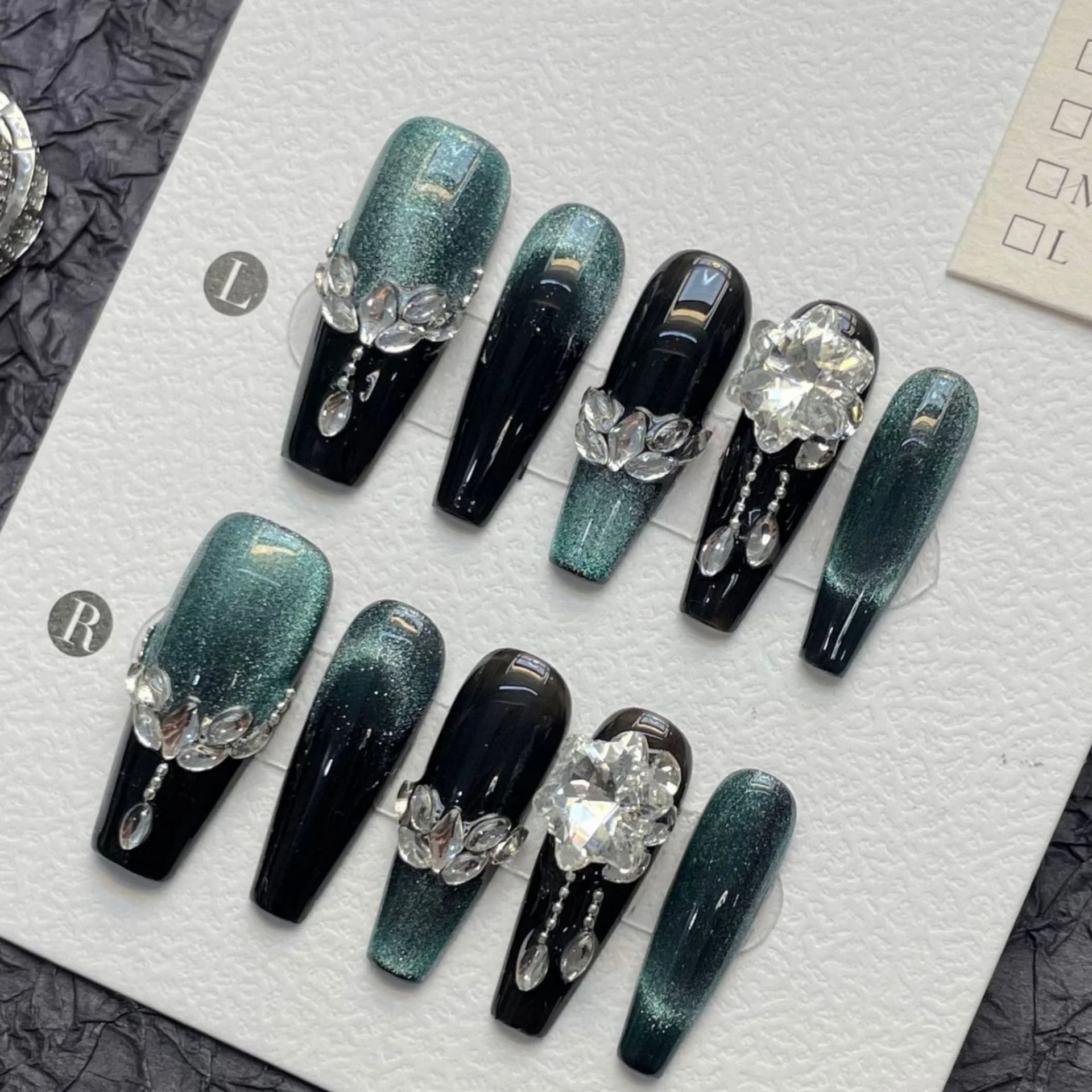 10pcs Wine-red Super Long Almond False Nails Handmade Full Shiny Diamond French Press On Nails Glossy Cat's Eye Luxury Fake Nail