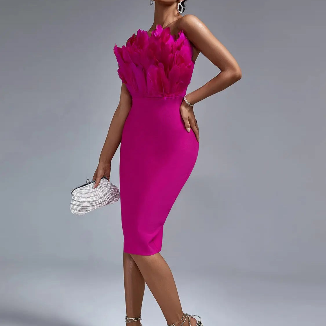 White Bandage Dress Women Feather Party Dress Bodycon Elegant Midi Sexy Strapless Evening Birthday Club Outfits Summer 2023 Pink