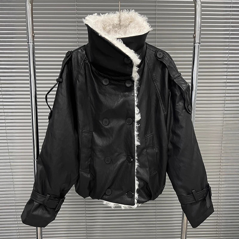 Autumn Winter New Niche Design Lamb Wool Patchwork Warm Leather Jacket For Women Loose Double-breasted Coat 11A07816