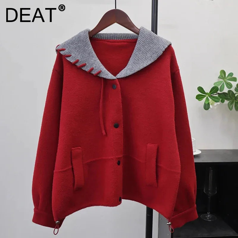 Autumn Winter New Loose Contrast Color Design Knitted Double-Sided Cardigan For Women Sweater Jacket Female 11A07624