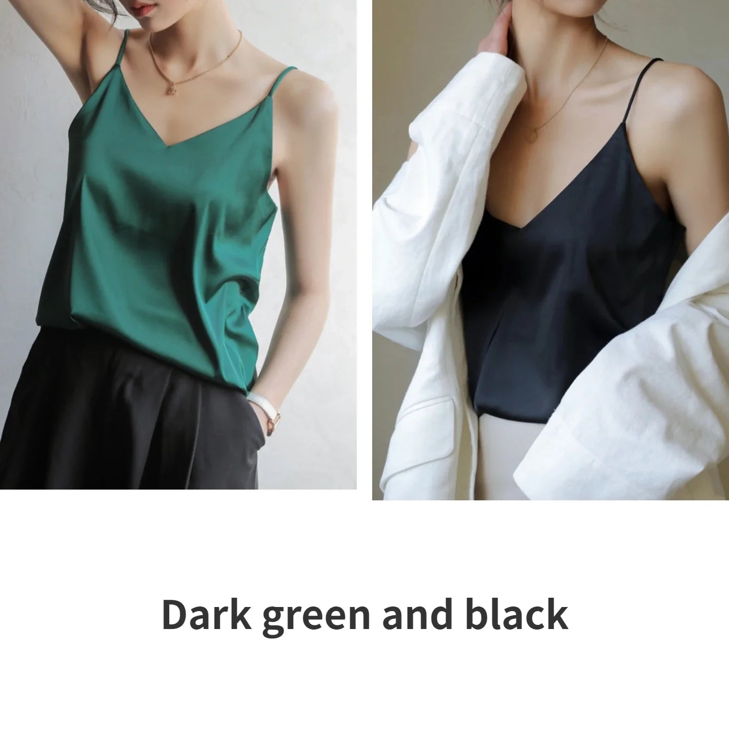 Grey Camisoles for Women Acetate SATIN Loose Summer Spaghetti Strap Tank Top Solid V-neck Fashion Sexy Backless Tanks & Camis Dark green and black