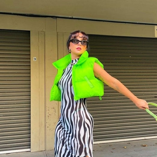 Women Winter Warm Crop Waistcoat, Sleeveless Stand Collar Double Sided Lightweight Puffer Vest E