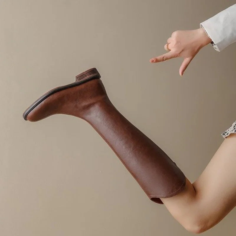 Women Knee-high Boots Leather Ladies Bootie Autumn and Winter Velvet Western Boots Goth Shoes