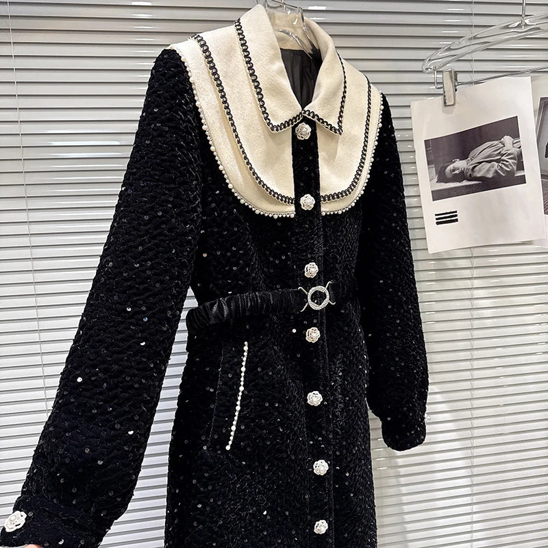 Winter New Elegant Temperament Pearl Edge Shawl With Belt Cotton Lined Trench Coat For Women Windbreaker 11A07739