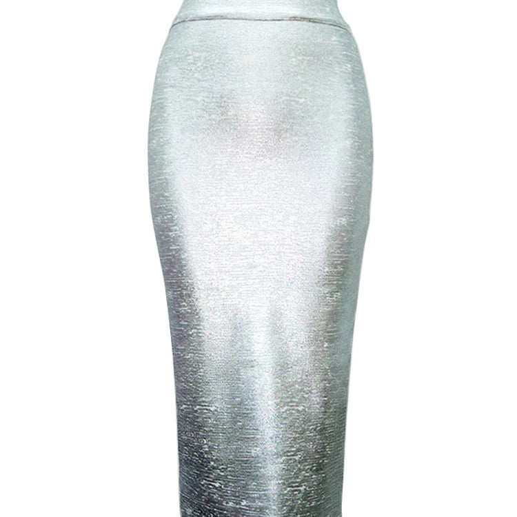 Women Summer Skirt Sexy Silver Gold Bronzing Midi Bandage Skirt High Street Designer Skinny Party Midi Pencil Skirts 78cm Solver 78cm