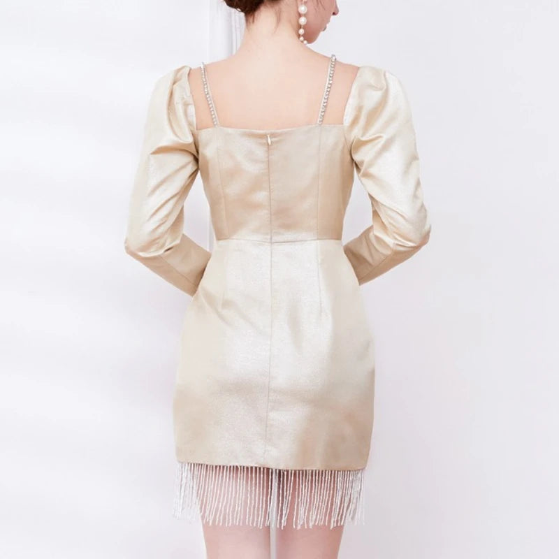 Solid Slimming Spliced Tassels Elegant Dresses for Women Square Neck Long Sleeves Patchwork Folds Dress Female New