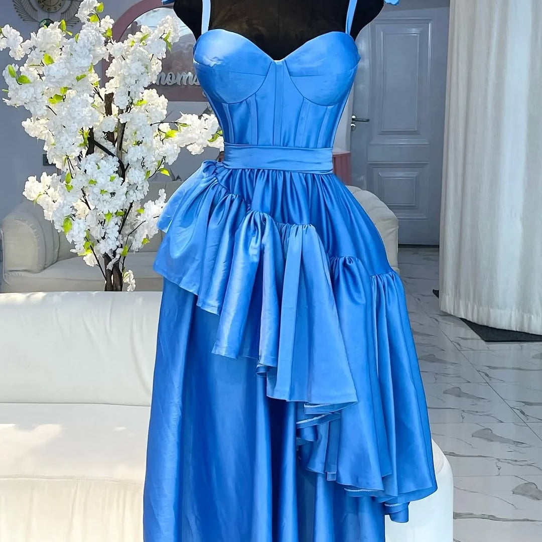 CM.YAYA Women Sleeveless Strap Bow Ruffles Long Maxi Dress 2025 Holiday Beach Birthday Evening Sexy Girl Party Dresses Vestidos Blue