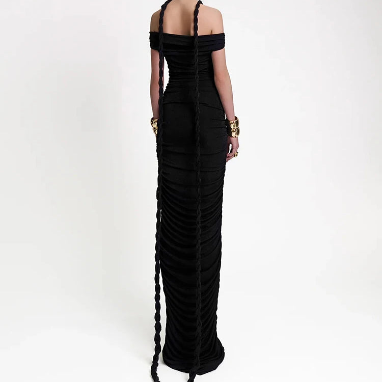 Braid Ribbon Ruched Bodycon Maxi Dress Women Off Shoulder Short Sleeves Slim Solid Evening Party Long Robe Gowns