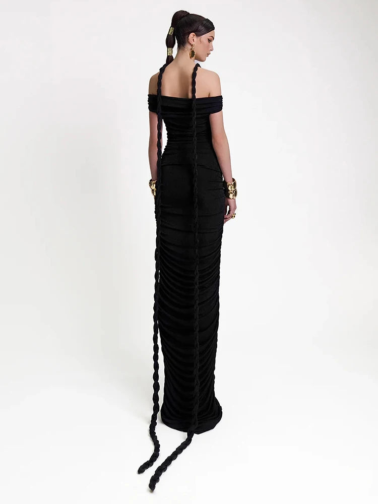 Braid Ribbon Ruched Bodycon Maxi Dress Women Off Shoulder Short Sleeves Slim Solid Evening Party Long Robe Gowns