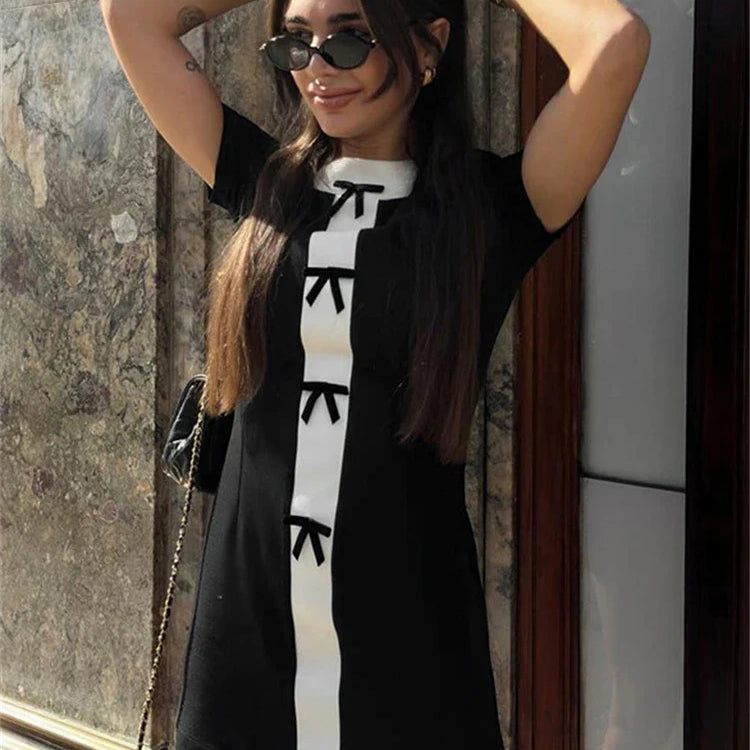 Vhiuat Bow Patchwork Fashion Short Sleeve O Neck Bodycon Mini Dress Women Streetwear Summer Elegant Sexy Dresses Club Party