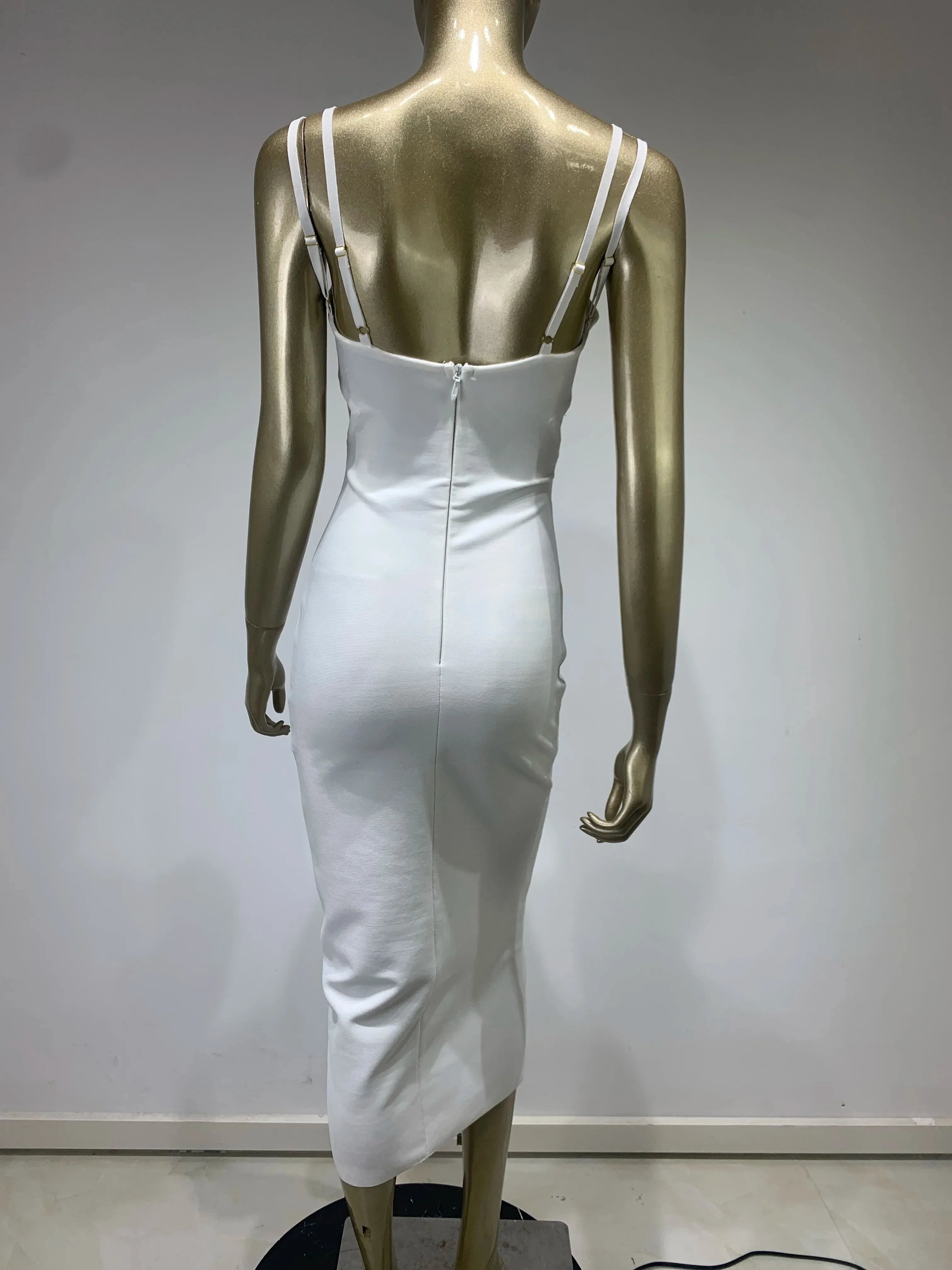 New Summer Women Sexy V Neck Beading White Black Bodycon Midi Bandage Prom Dress Elegant Evening Cocktail Party Dresses