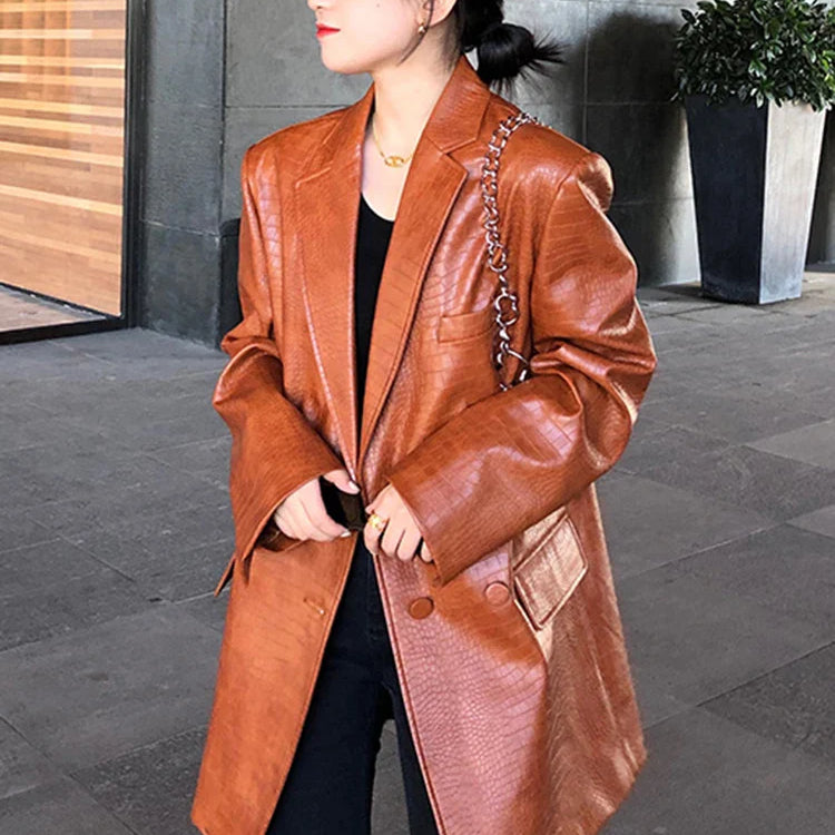 Autumn Oversized Shiny Purple Crocodile Pattern Faux Leather Blazer Women Long Sleeve Double Breasted Y2K Jacket Fashion Brown