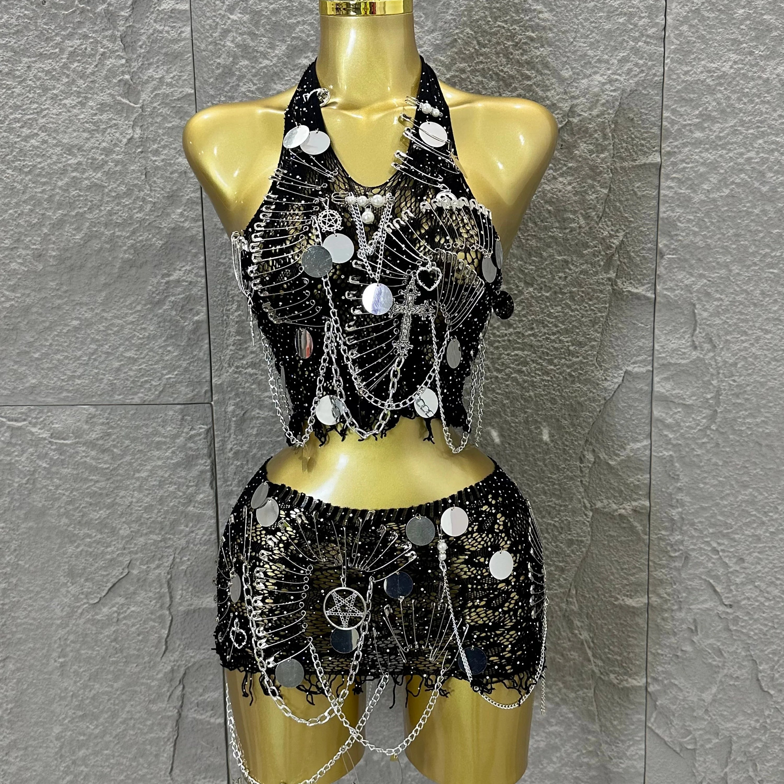 Women Sexy Safety Pin Lace Two Piece Set Halter Neck Sequin Embellished Crop Top & Mini Skirt Outfit Stage Performance Costume
