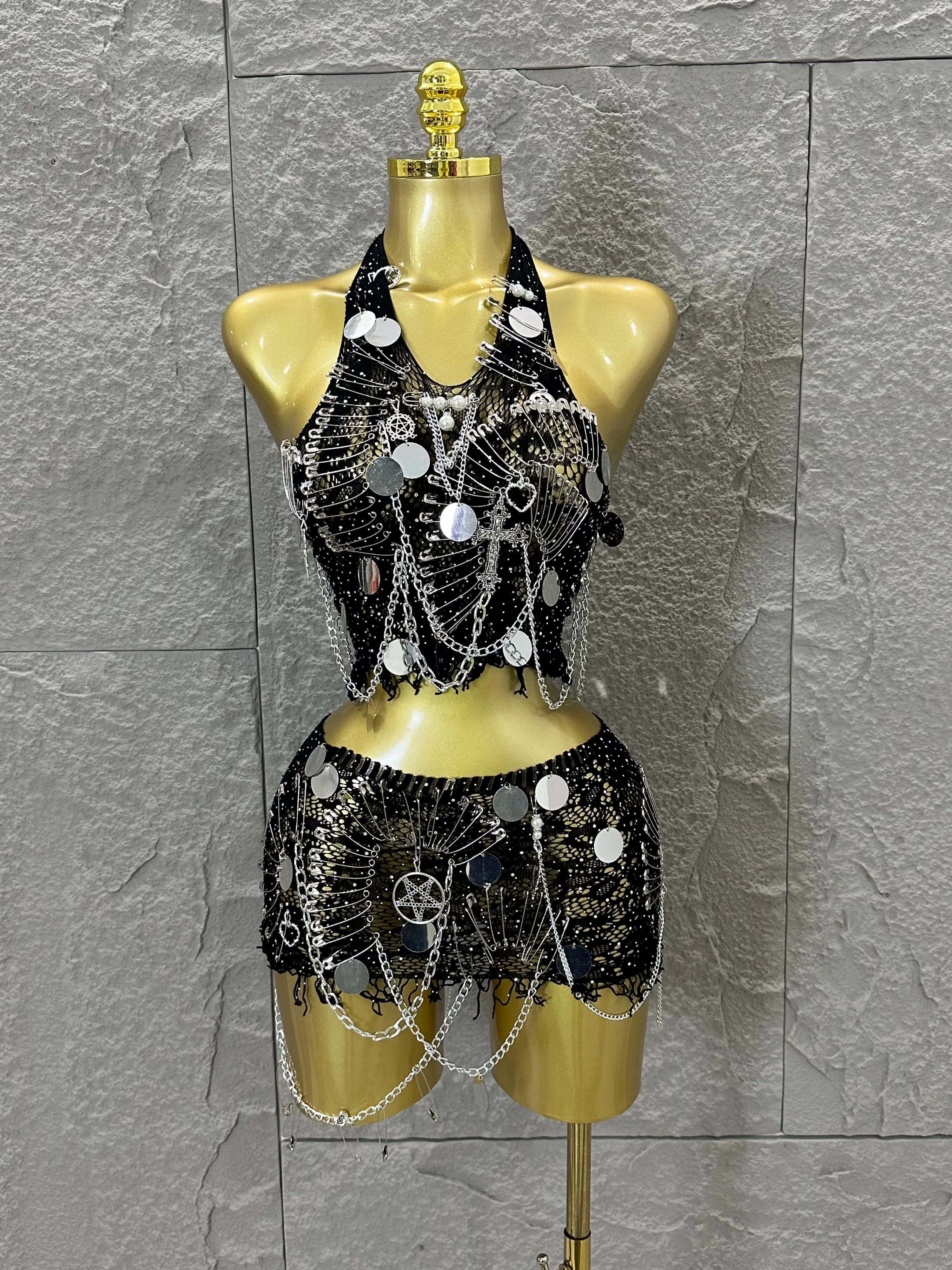 Women Sexy Safety Pin Lace Two Piece Set Halter Neck Sequin Embellished Crop Top & Mini Skirt Outfit Stage Performance Costume