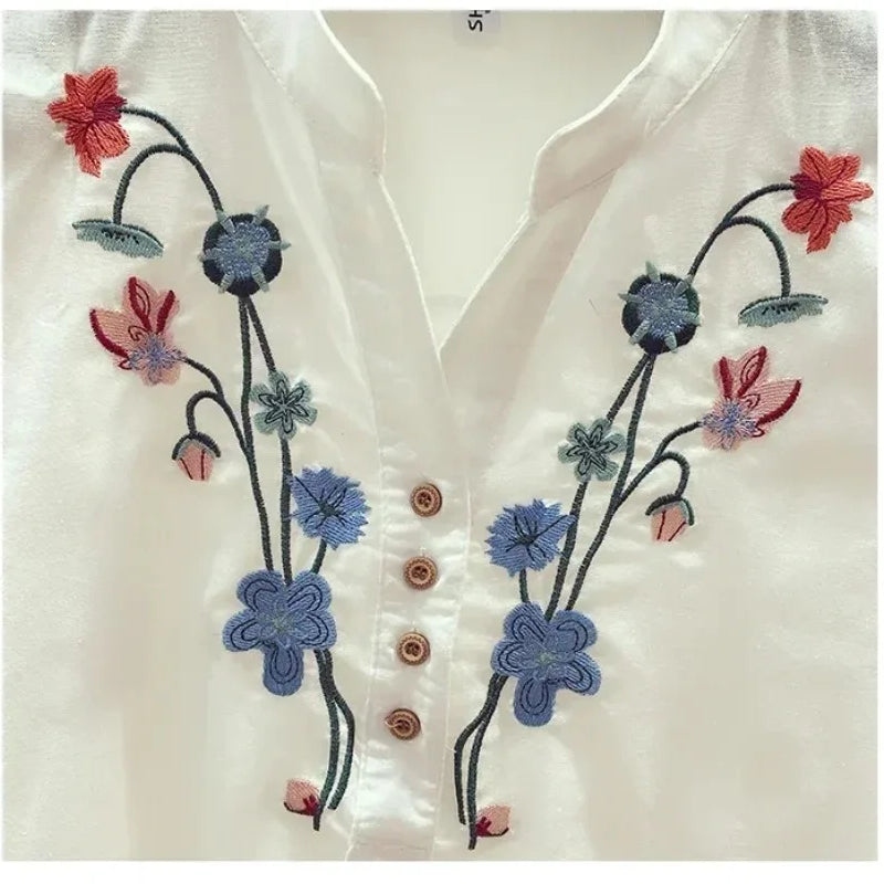 Loose Cotton Blouses for Women, White Tops and Blouses, Elegant Embroidery V-Neck Shirts, New Summer Clothes, 3140 50