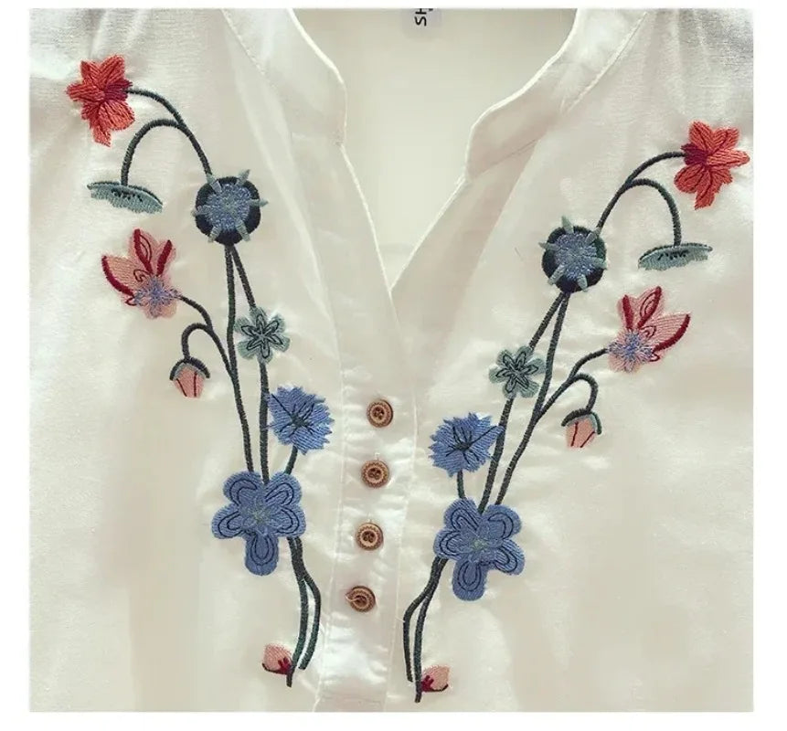 Loose Cotton Blouses for Women, White Tops and Blouses, Elegant Embroidery V-Neck Shirts, New Summer Clothes, 3140 50