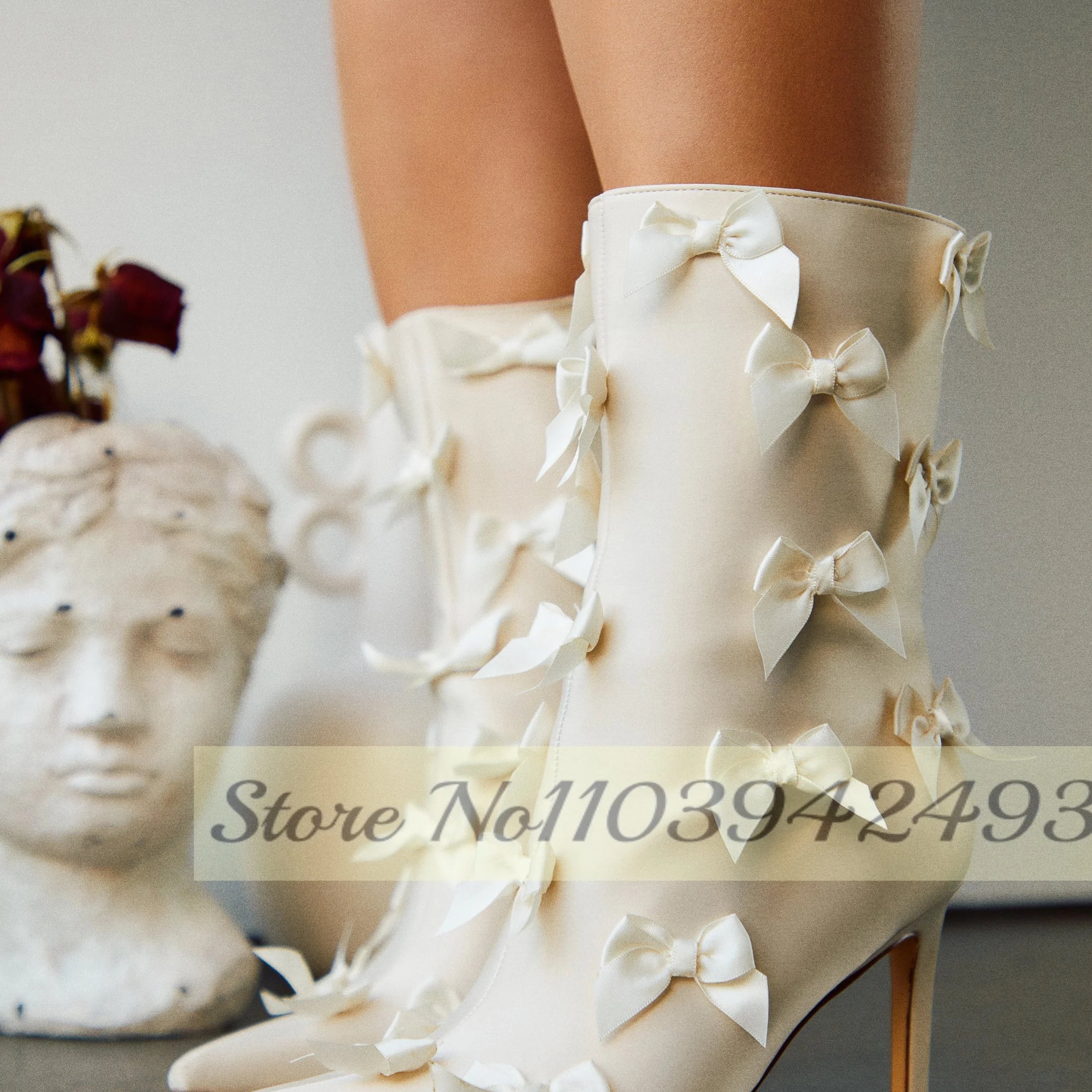 White Satin Butterfly-Knot Boots Pointed Toe Mid Calf Botas Stiletto Shoes Gentle Concise Autumn Winter 2025 Women Dress Zapatos