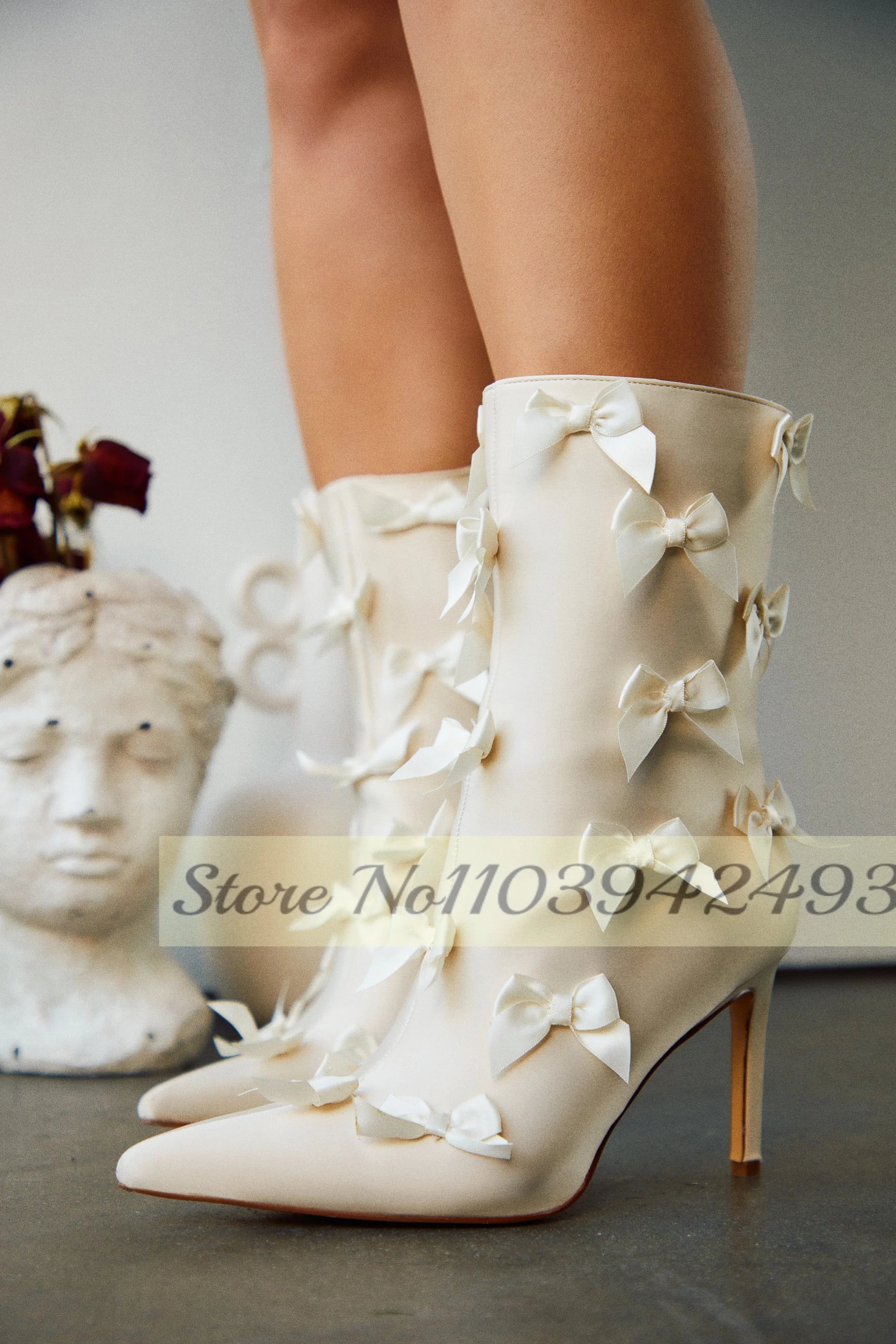 White Satin Butterfly-Knot Boots Pointed Toe Mid Calf Botas Stiletto Shoes Gentle Concise Autumn Winter 2025 Women Dress Zapatos