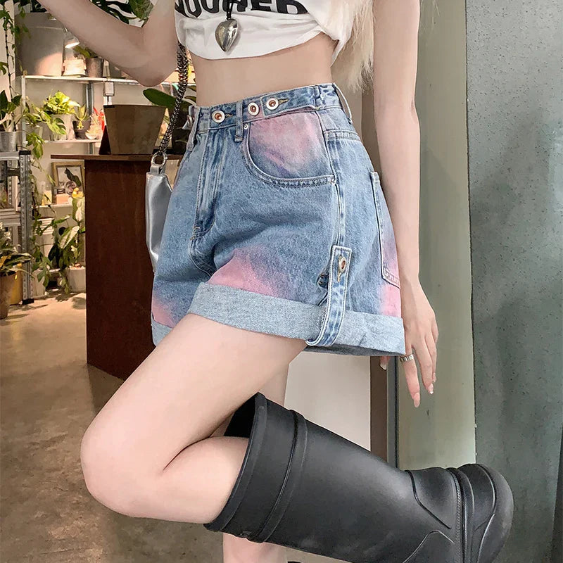 Women's Summer American Retro Jeans Blue Black High Street Button Washed Painted Y2K Design Loose Wide Leg Denim Shorts New