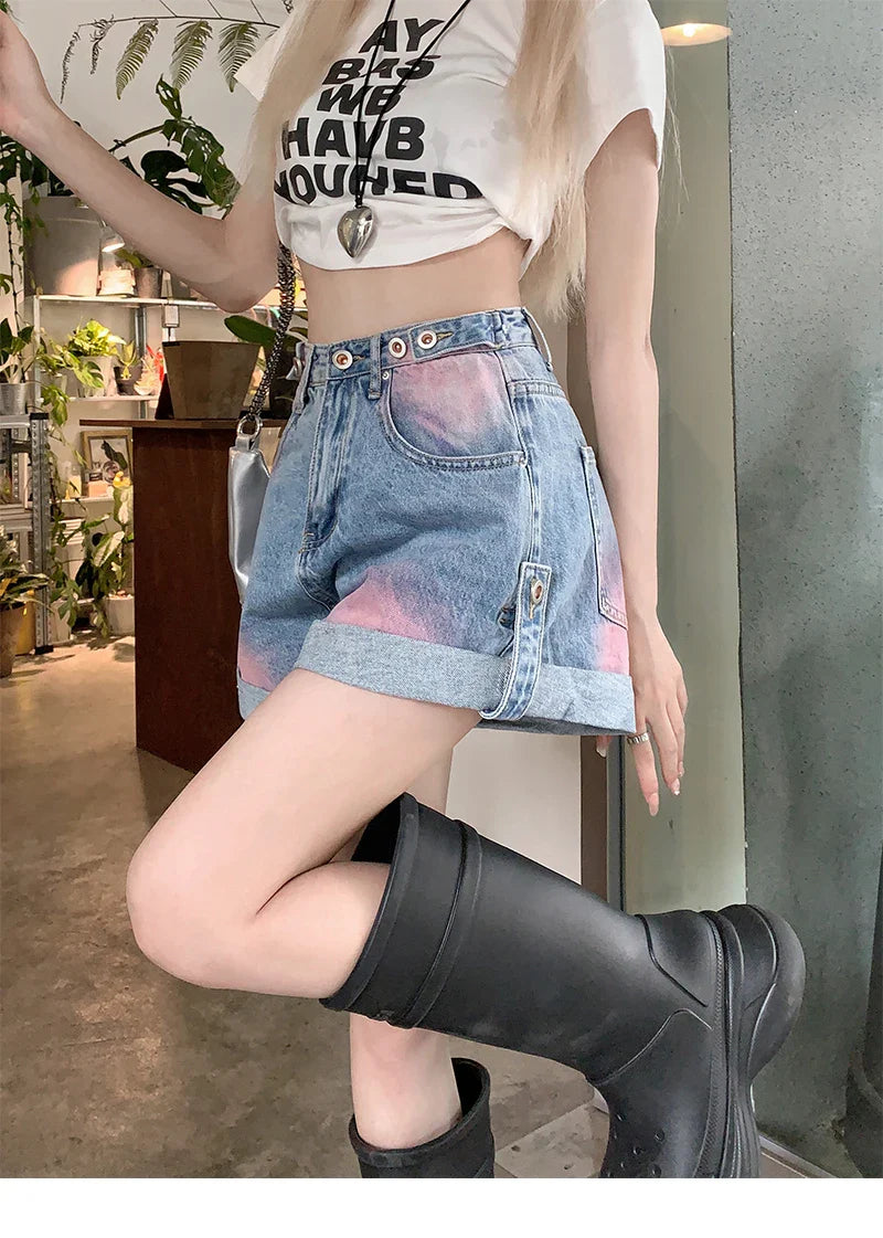 Women's Summer American Retro Jeans Blue Black High Street Button Washed Painted Y2K Design Loose Wide Leg Denim Shorts New
