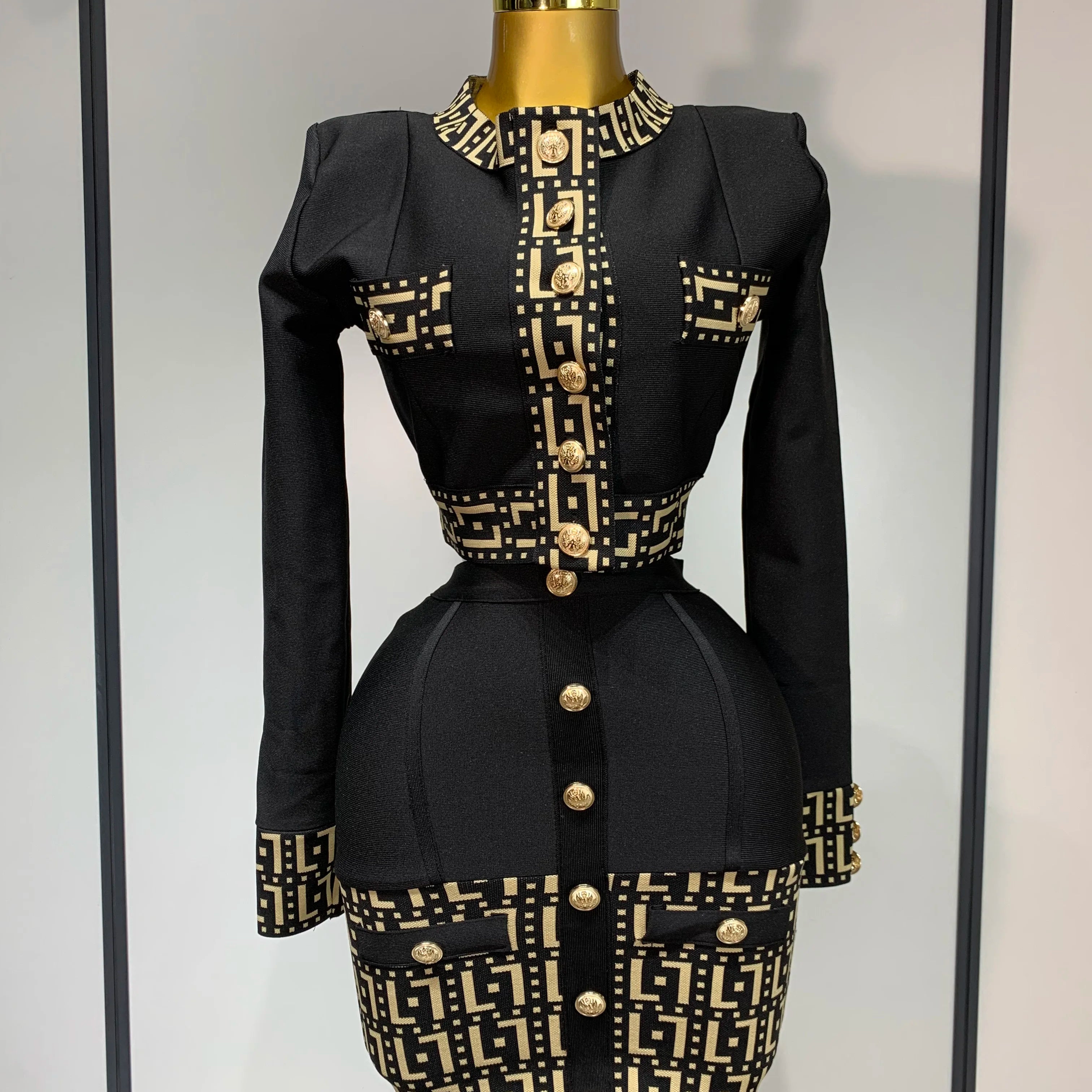 Women Black Long Sleeves Two Pieces Bandage Set Bottons Top Bodycon Mini Skirt Suit Evening Party Luxury Birthday Women's Outfit black