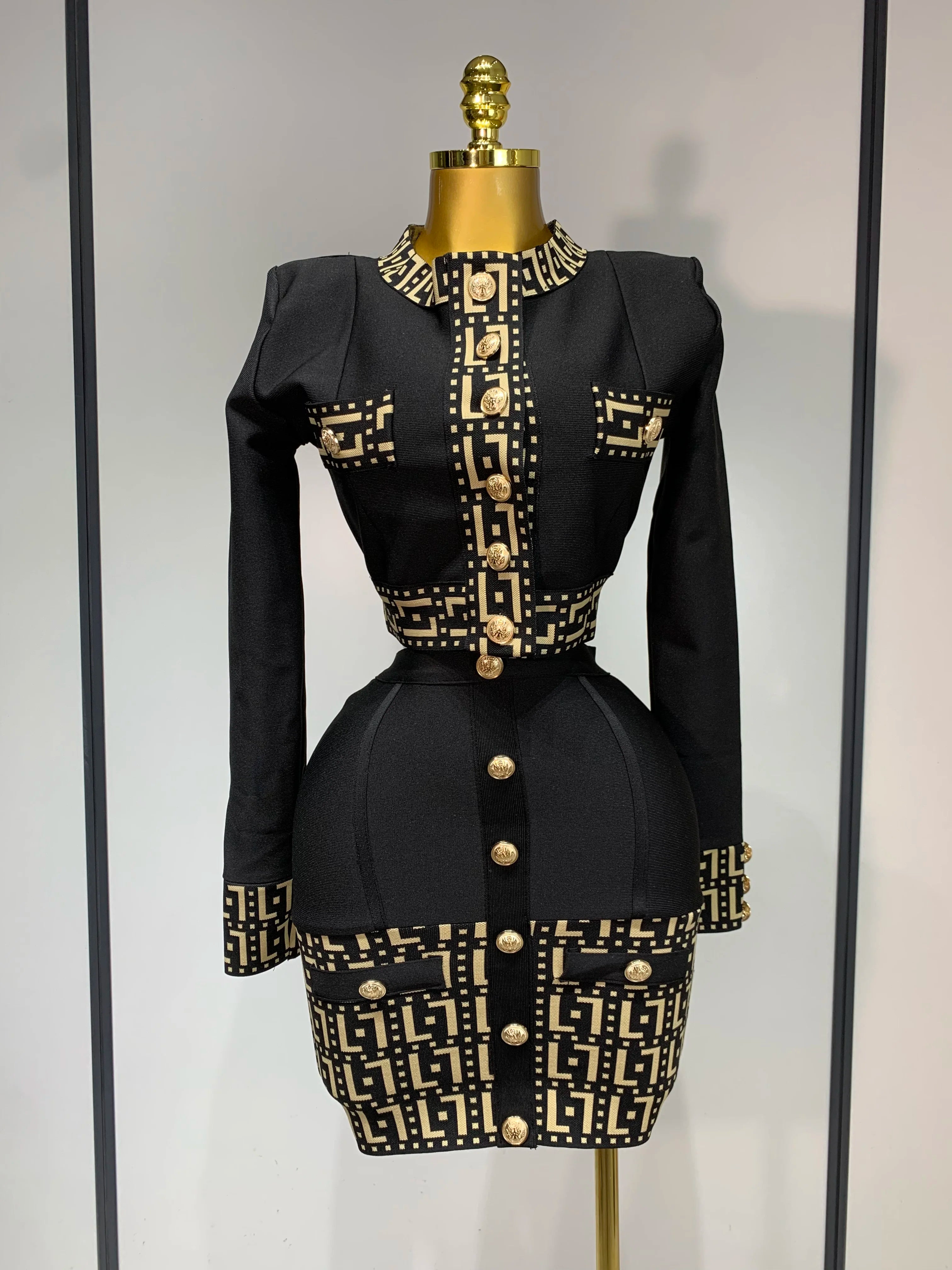 Women Black Long Sleeves Two Pieces Bandage Set Bottons Top Bodycon Mini Skirt Suit Evening Party Luxury Birthday Women's Outfit black