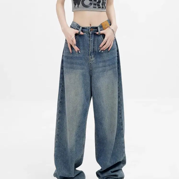 Women Retro Aesthetic Wide Leg Baggy Casual Denim Trouser Harajuku Blue High Waist Loose Jeans Spring Fashion Pants Blue