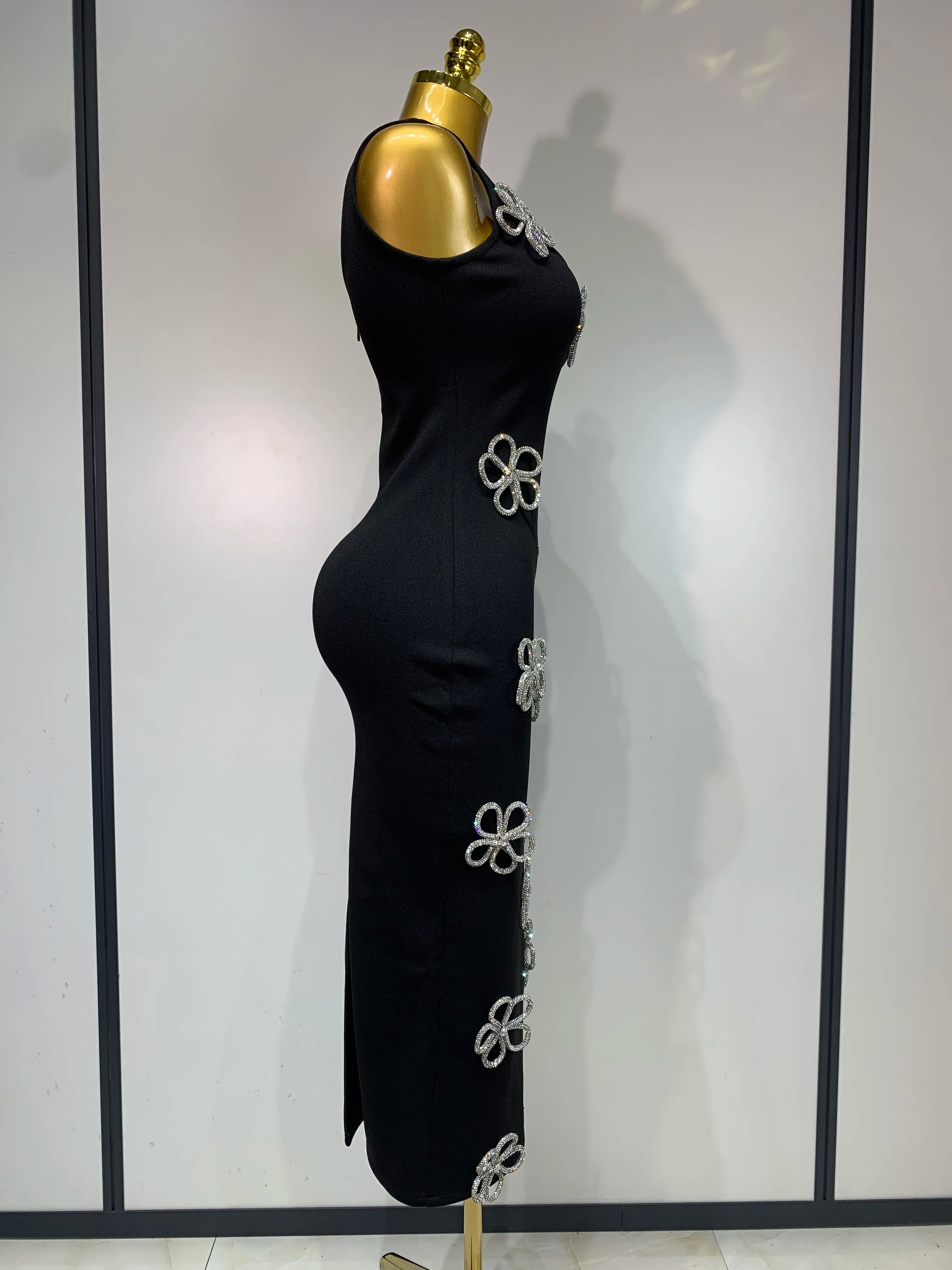 Women Celebrity Sexy Diamonds Flower Black Long Bodycon Bandage Dress 2025 Elegant Evening Club Party Luxury Birthday Dresses