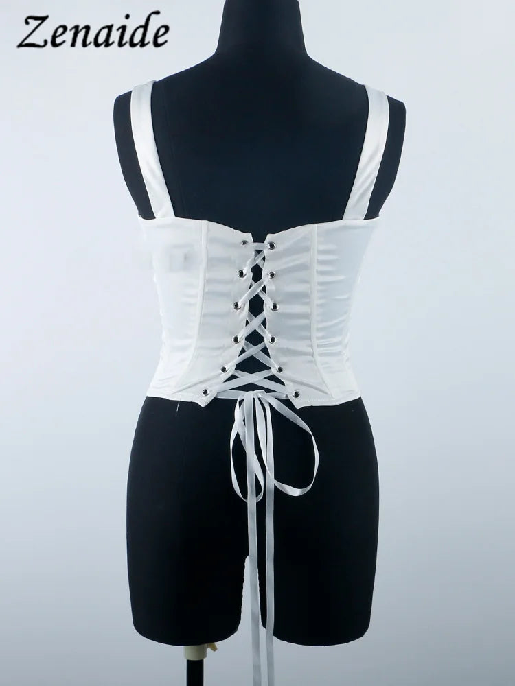 Zenaide Sexy Square Neck Satin Corset Crop Tops Summer Women Sleeveless Bandage Tank Top Camis Party Club 2023