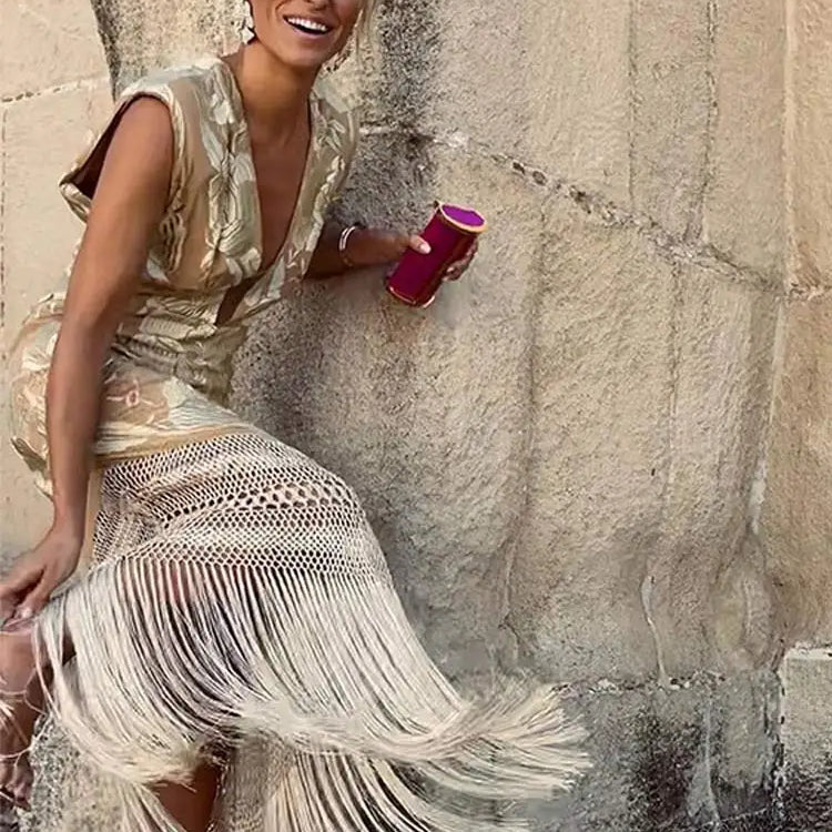 Women V Neck Tassels Dress Sexy Sling Sleeveless Backless Slim Dresses Spring Summer Elegant Female Casual Party Prom Vestido